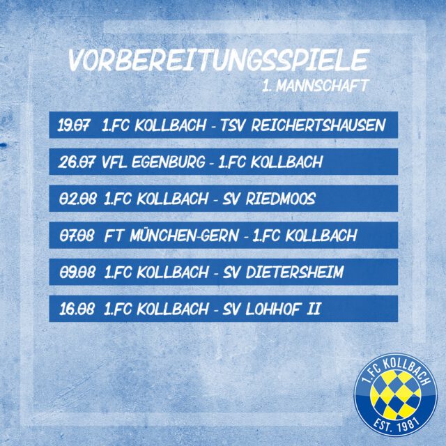 📣⚽ Vorbereitungsstart zur Saison 2026/2027! 🙌

Heute starten unsere beiden Mannschaften in die Vorbereitung!🎉 Wir freuen uns auf eine spannende und hoffentlich erfolgreiche Saison in der unsere Mannschaften jeweils in der Kreisklasse und C-Klasse.

Damit ihr kein Vorbereitungsspiel verpasst, ist hier der Spielplan der Vorbereitung für euch. Genaue Spielzeiten findet ihr in der BFV-App.📲 🙂💪

#ForzaKollbach #DesishoidaPlatzal 💙💛