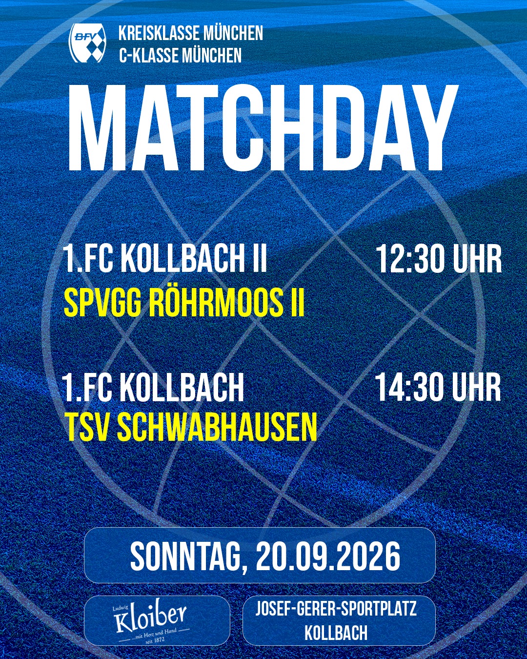 🔵🟡⚽️ 𝙈𝙖𝙩𝙘𝙝𝙙𝙖𝙮 ⚽️🟡🔵
Am Wochenende stehen zwei Heimspiele für unsere Mannschaften an! 🔥
Kommt vorbei und unterstützt unsere Teams bei ihren nächsten Spielen auf heimischem Rasen! 🙌💙💛

1.FC Kollbach II
🆚 SpVgg Röhrmoos II
🗓️ 20.09.2026
🕝 12:30 Uhr
🏟️ Sportzentrum Petershausen

1.FC Kollbach
🆚 TSV Schwabhausen
🗓️ 20.09.2026
🕝 14:30 Uhr
🏟️ Sportzentrum Petershausen
_________________________
#desishoidaplatzal #forzakollbach 💙💛